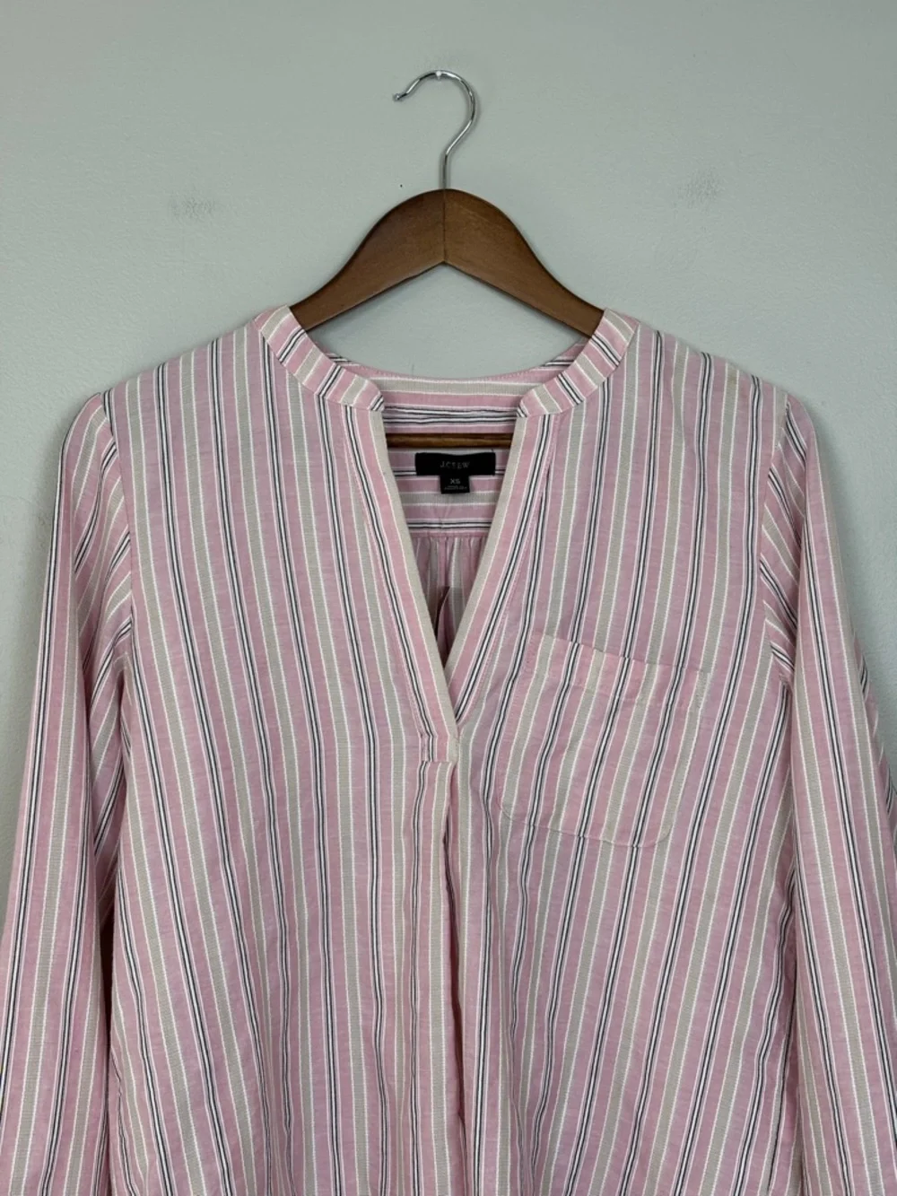 J Crew Top Womens XS Pink White‎ Stripe V-Neck Cotton Poplin Long Sleeve Blouse